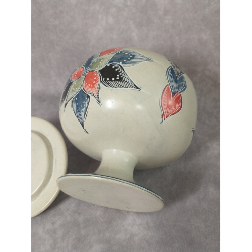 Pedestal Soapstone Jar With Lid Hand Painted and Carved Floral Design - Picture 9 of 10